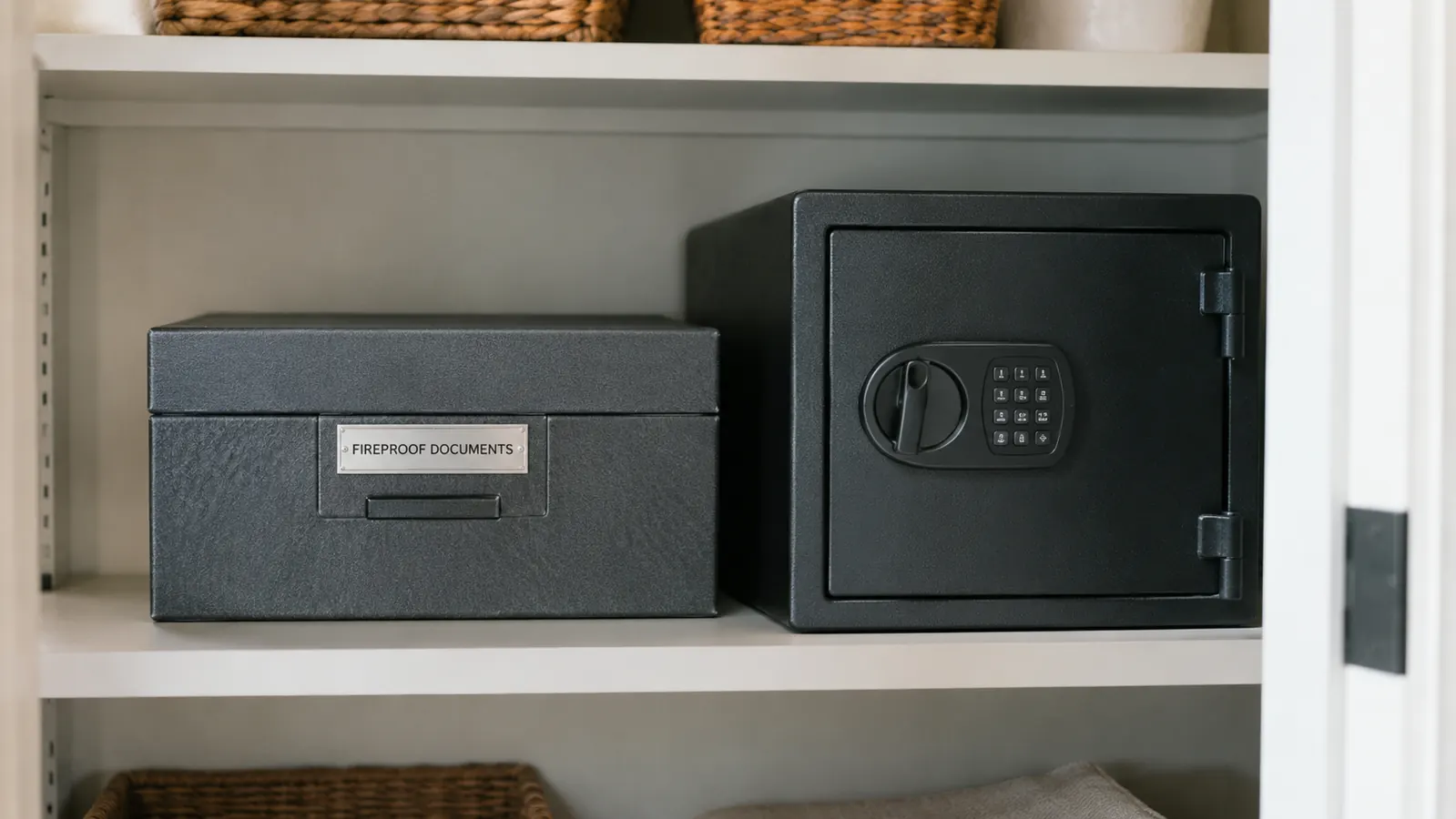 A fireproof document box sitting on a shelf beside a fireproof safe